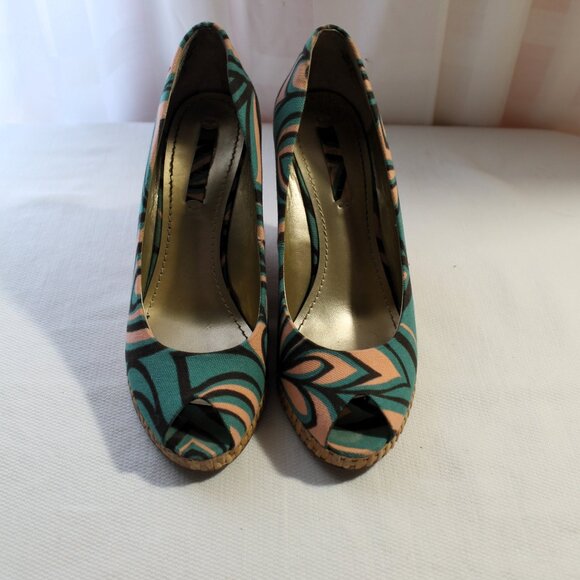 Nine West Peep Toe Fabric Wedges w/ Rattan Wicker Heel, Size 7 - Picture 1 of 8